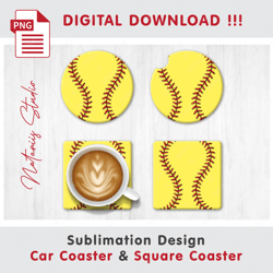 Softball Ball Design - v2 - Car Coaster Template - Sublimation Waterslade Pattern - Digital Download