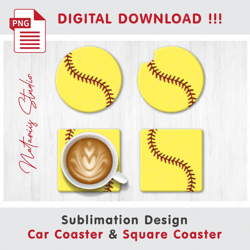 Softball Ball Design - v3 - Car Coaster Template - Sublimation Waterslade Pattern - Digital Download