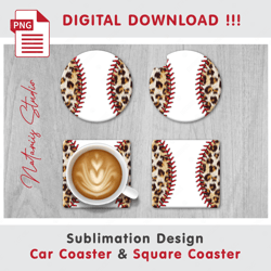 Baseball Leopard Combo Design - v1 - Car Coaster Template - Sublimation Waterslade Pattern - Digital Download