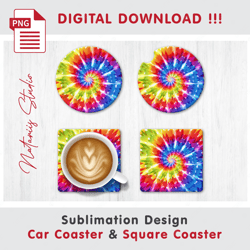 Rainbow TIE DYE Design - Car Coaster Template - Sublimation Waterslade Pattern - Digital Download