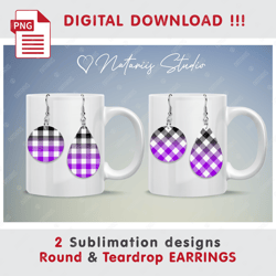 2 BUFFALO PLAID Purple Earrings Design - Round & Teardrop EARRINGS - Sublimation Waterslade Pattern - PNG Files