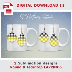 2 BUFFALO PLAID Yellow Earrings Design - Round & Teardrop EARRINGS - Sublimation Waterslade Pattern - PNG Files