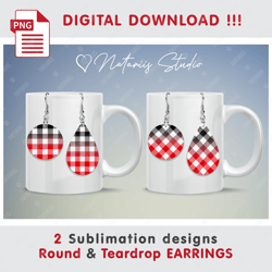 2 BUFFALO PLAID Red Earrings Design - Round & Teardrop EARRINGS - Sublimation Waterslade Pattern - PNG Files