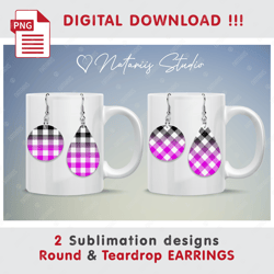 2 BUFFALO PLAID Pink Earrings Design - Round & Teardrop EARRINGS - Sublimation Waterslade Pattern - PNG Files