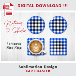 Blue BUFFALO PLAID Design - Car Coaster Template - Sublimation Waterslade Pattern - Digital Download - PNG Files