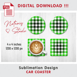 Green BUFFALO PLAID Design - Car Coaster Template - Sublimation Waterslade Pattern - Digital Download - PNG Files
