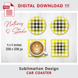 Yellow BUFFALO PLAID Design - Car Coaster Template - Sublimation Waterslade Pattern - Digital Download - PNG Files