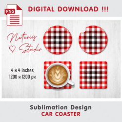 Red BUFFALO PLAID Design - Car Coaster Template - Sublimation Waterslade Pattern - Digital Download - PNG Files
