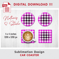Pink BUFFALO PLAID Design - Car Coaster Template - Sublimation Waterslade Pattern - Digital Download - PNG Files