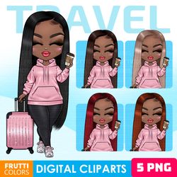 Travel Girl Clipart Set - African American Girl Clipart, Fashion Doll Clipart, Girls Trip PNG, Vacation PNG, Travel PNG