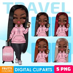 African American Travel Girl Clipart Set - Travel Clipart, Fashion Girl Clipart, Girls Trip PNG, Vacation PNG