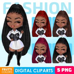 African American Cute Fashion Dolls Clipart Bundle - Cute Chibi Dolls PNG, Boss Babe Clipart, Afro Woman PNG, Girly