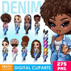 Denim Girl Clipart Bundle - African American Fashion Dolls PNG, Cute Chibi Girl PNG, Jeans Girl Clip Art, Curvy Girl