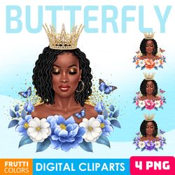 Birthday Queen Clipart Bundle - Butterfly and Flower, Afro Locs PNG, Black Girl Magic, Melanin Queen PNG, Locs Woman