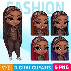 African American Fashion Clipart Bundle - Chibi Doll PNG, Boss Babe PNG, Fall Girl Clipart, Melanin Girl With Long Braid