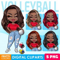 Volleyball Clipart Set - Sport African American Girl, Game Day PNG, Fashion Afro Doll PNG, Volleyball Mom PNG, Sport PNG