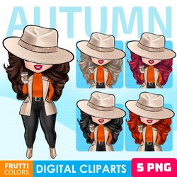 Hello Fall Clipart Set - Cute Fashion Dolls PNG, Coffee Clipart, Curvy Girl PNG, Woman In Hat PNG, Girl Boss Clipart