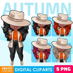 Hello Fall Clipart Set - African American Fashion Dolls PNG, Coffee Clipart, Curvy Girl PNG, Girl In Hat PNG, Girl Boss