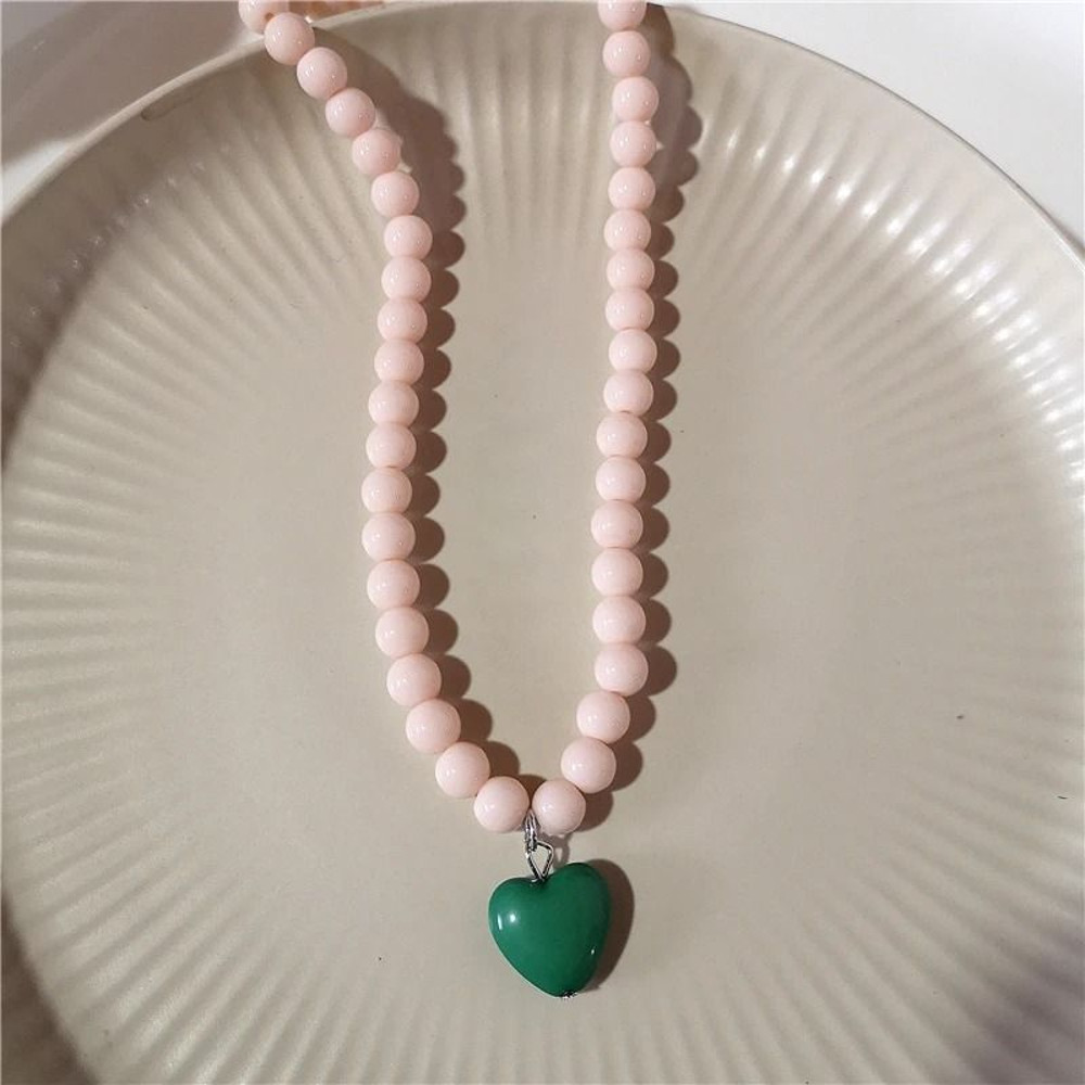 Trendy Color Beaded Chain Resin Heart Pendant Necklace 6