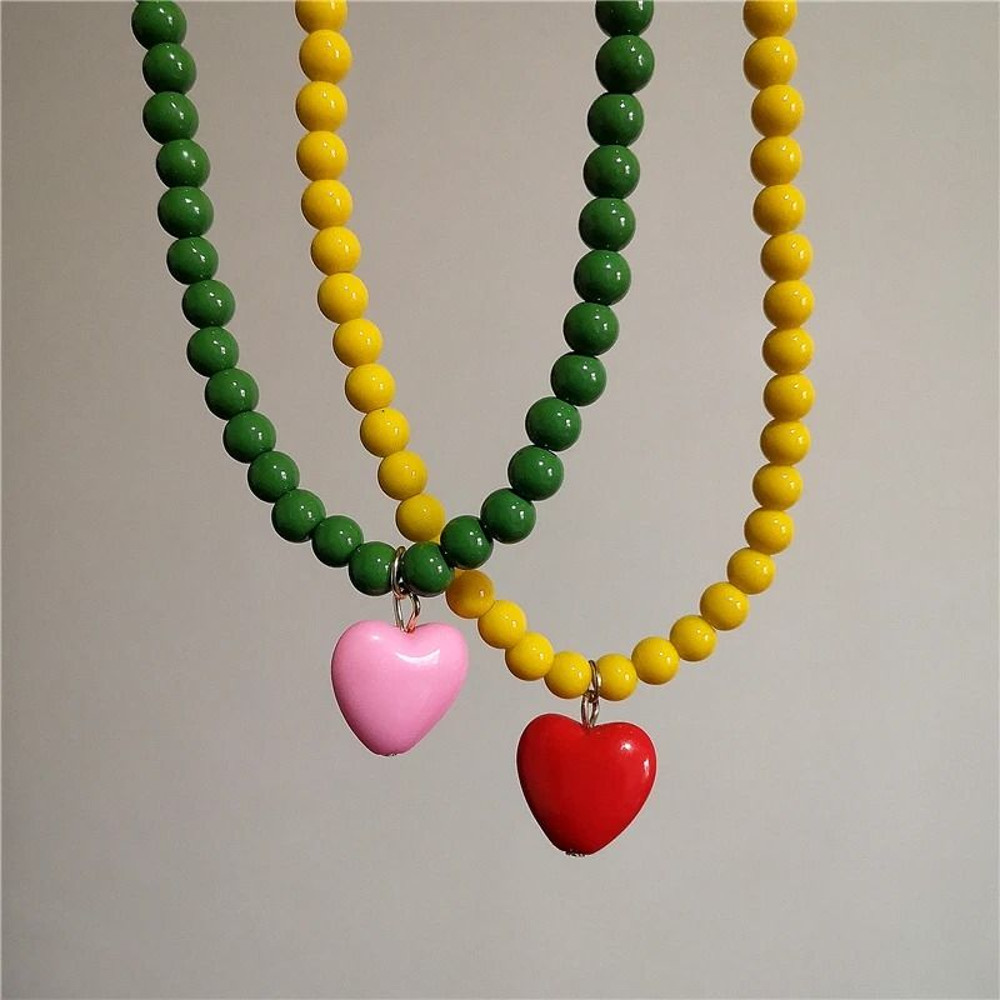Trendy Color Beaded Chain Resin Heart Pendant Necklace 5