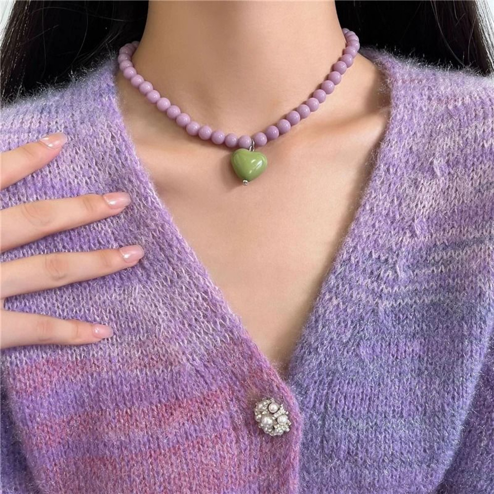 Trendy Color Beaded Chain Resin Heart Pendant Necklace 2