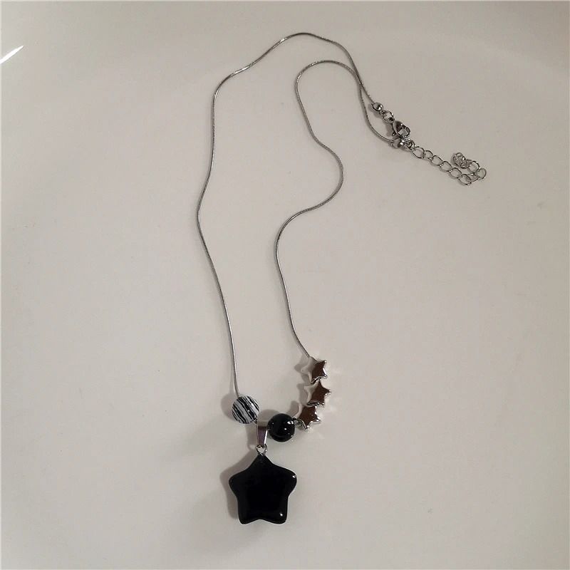 Kpop Goth Vintage Aesthetic Y2K Star Pendant Beaded Silver Color Chain Necklace 6