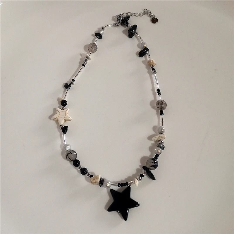 Kpop Goth Vintage Aesthetic Y2K Star Pendant Beaded Silver Color Chain Necklace 8