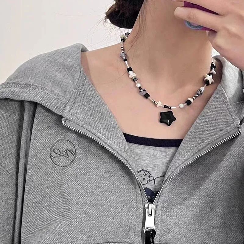 Kpop Goth Vintage Aesthetic Y2K Star Pendant Beaded Silver Color Chain Necklace 2