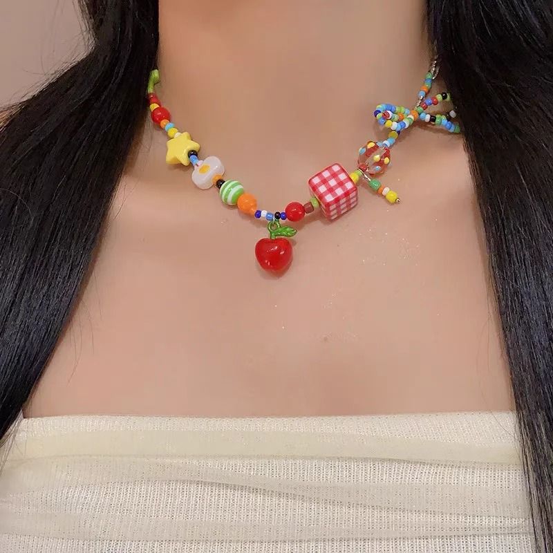 Cute Harajuku Cartoon Fruit Bow Colorful Beads Choker Necklace 3