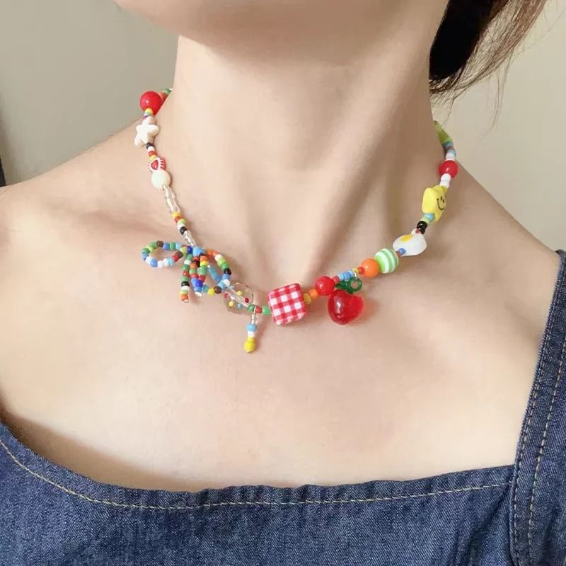 Cute Harajuku Cartoon Fruit Bow Colorful Beads Choker Necklace 4