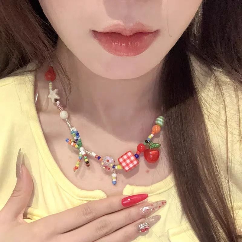 Cute Harajuku Cartoon Fruit Bow Colorful Beads Choker Necklace 5