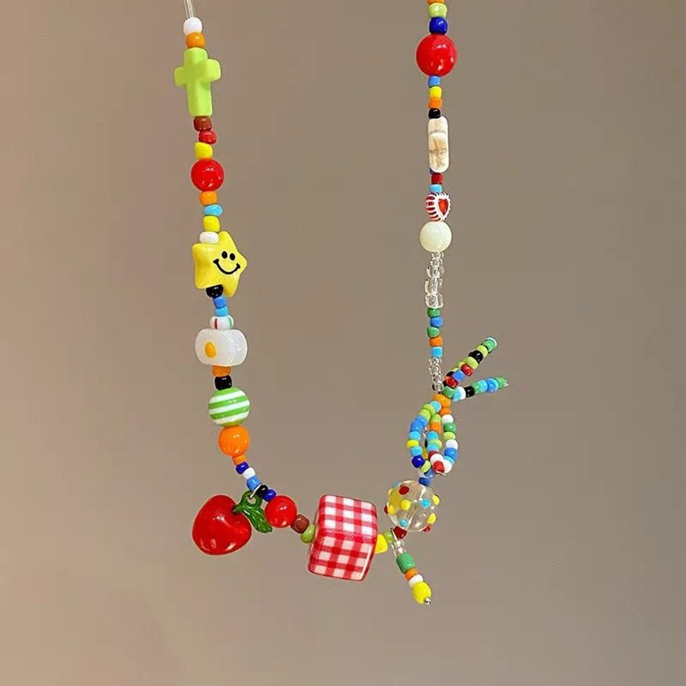 Cute Harajuku Cartoon Fruit Bow Colorful Beads Choker Necklace 0