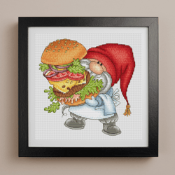 Gnome cross stitch pattern PDF, Gnome with burger, Burger cross stitch, Food cross stitch, Chef gnome, Hamburger pattern