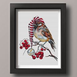 Sparrow cross stitch pattern PDF, Bird cross stitch, Sparrow in hat, Bird embroidery, Counted cross stitch