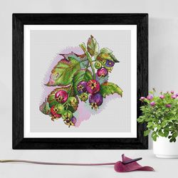 Berries cross stitch pattern PDF, Botanical cross stitch, Shadberry cross stitch, Twig cross stitch, Hand embroidery
