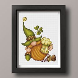 Gnome cross stitch pattern PDF, St. Patrick's day gnome, holiday cross stitch, beer gnome, counted cross stitch