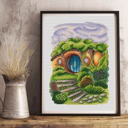 Hobbit hole cross stitch pattern PDF, House cross stitch, Shire cross stitch, Landscape cross stitch, Hobbit embroidery
