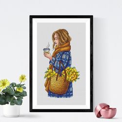 Girl cross stitch pattern PDF, girl with coffee, women cross stitch, coffee cross stitch, mimosa cross stitch