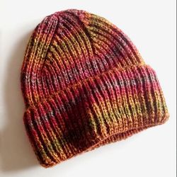 Women's knitted hat with lapel, burgundy and mustard colors