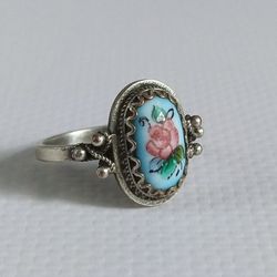 Vintage enamel ring Blue floral ring Cocktail ring Retro filigree ring Art deco women ring