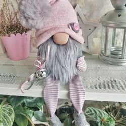 Plush pink handmade gnome grey beard long legs