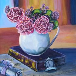 Roses Oil Painting Flower Painting on Canvas, Roses and Clock Original Painting 50x40cm