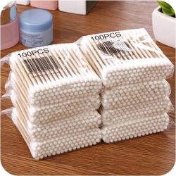 double head wood cotton swabs for nose, ears, and makeup, eco-friendly cleaning tools for women, lipstick, and daily use