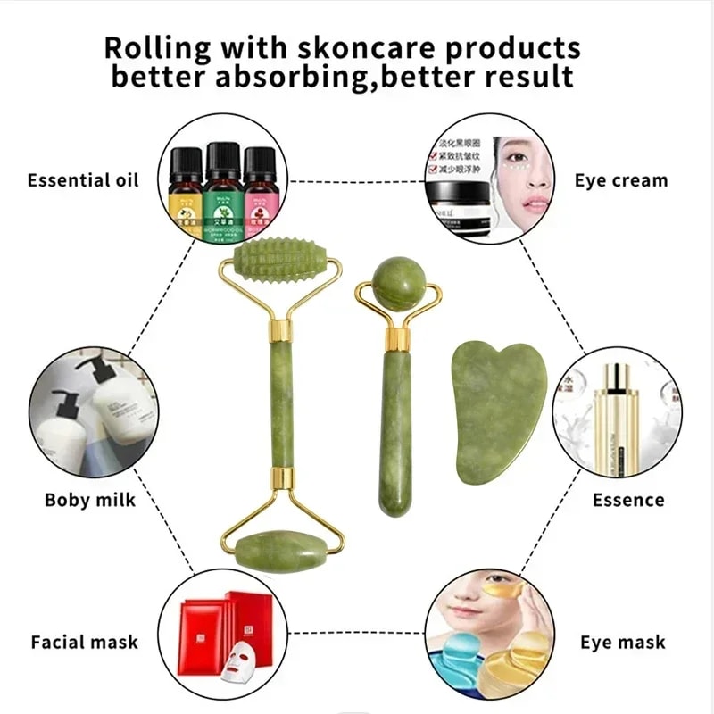 Premium Natural Jade Roller Face Gua Sha Stone Body Neck Massager Eye Care Spa Massage Tools AntiA 4