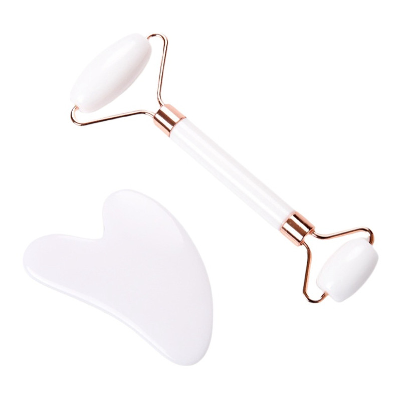 Pink Natural Resin Jade Roller Gua Sha Scraper Set Face Lift Massager AntiWrinkle  Double Chin Remo 1