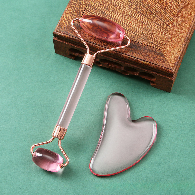 Pink Natural Resin Jade Roller Gua Sha Scraper Set Face Lift Massager AntiWrinkle  Double Chin Remo 4