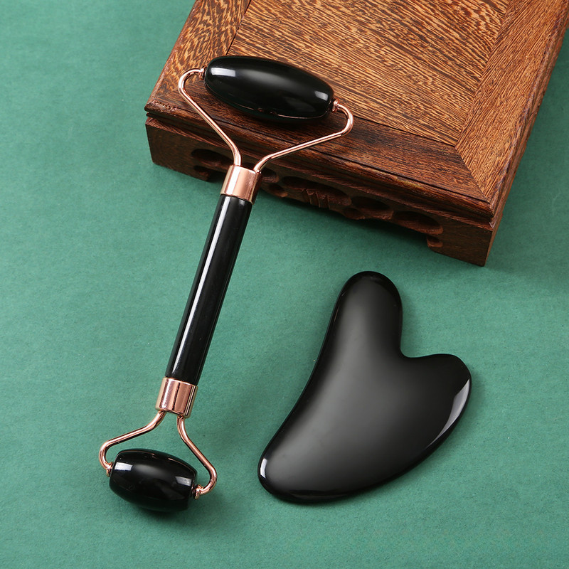 Pink Natural Resin Jade Roller Gua Sha Scraper Set Face Lift Massager AntiWrinkle  Double Chin Remo 7