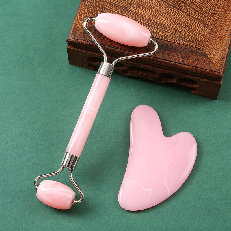 Pink Natural Resin Jade Roller Gua Sha Scraper Set Face Lift Massager AntiWrinkle  Double Chin Remo 10