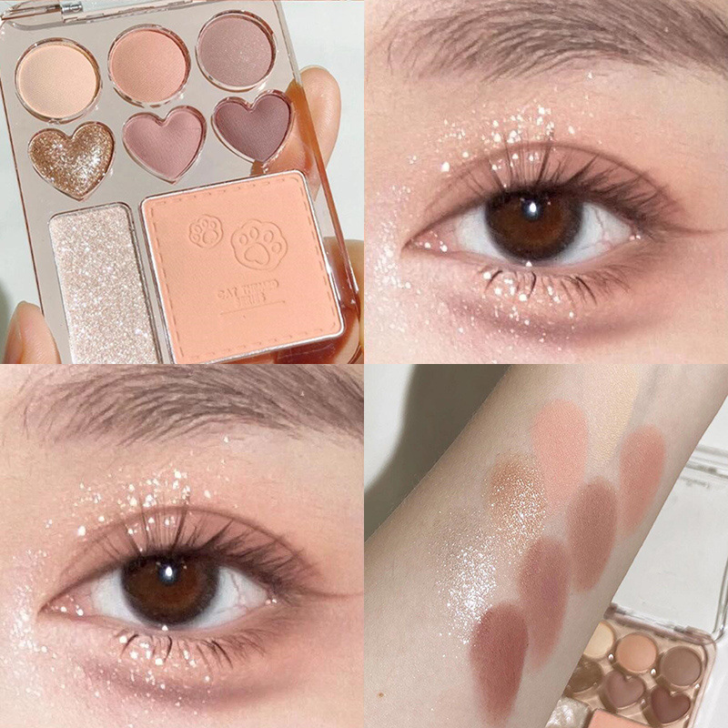 Heart-Shaped Color Pink Orange Eyeshadow Palette with Facial Blusher & Highlighter, Brightening, Lasting Eye Shadow