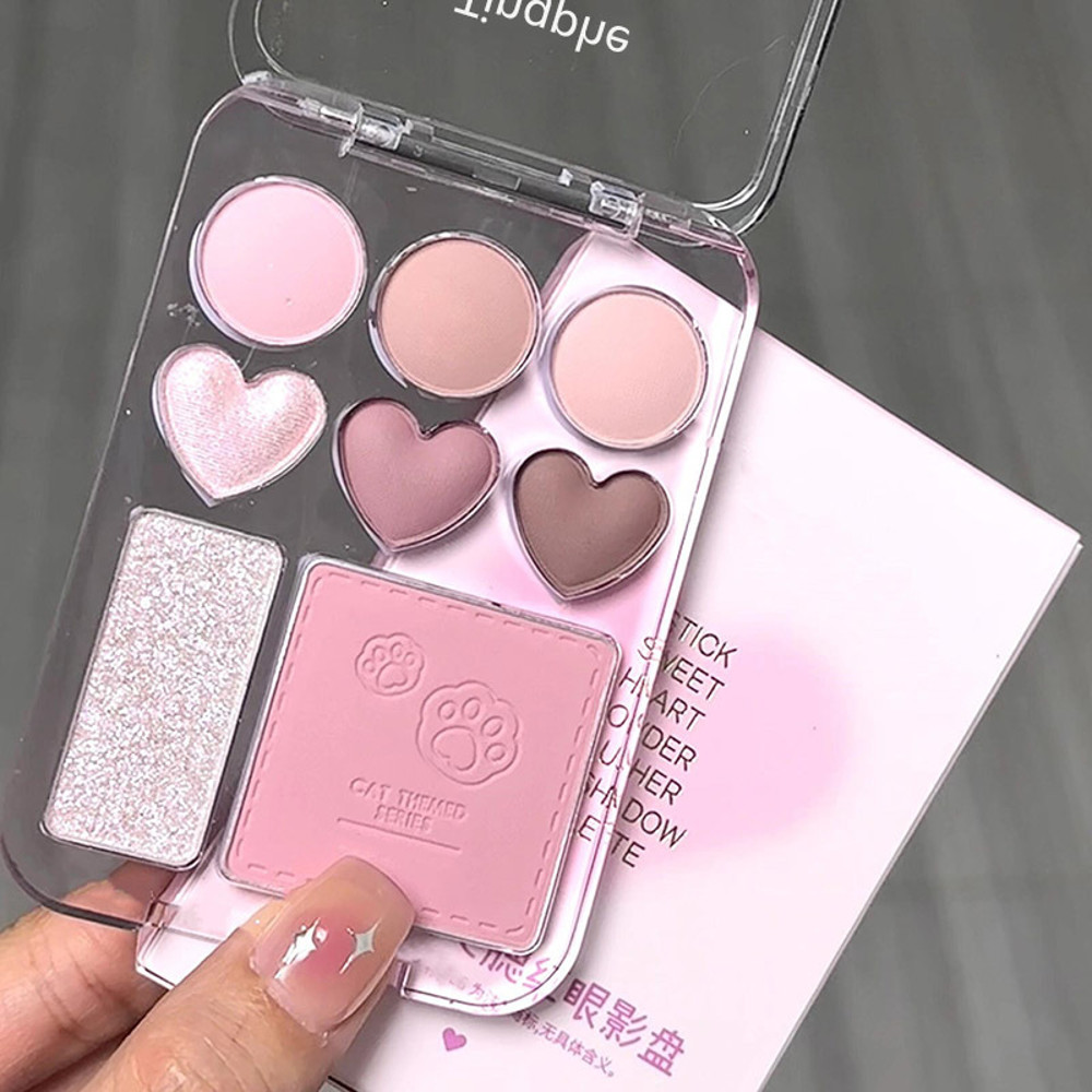 Heart-Shaped Color Pink Orange Eyeshadow Palette with Facial Blusher & Highlighter, Brightening, Lasting Eye Shadow